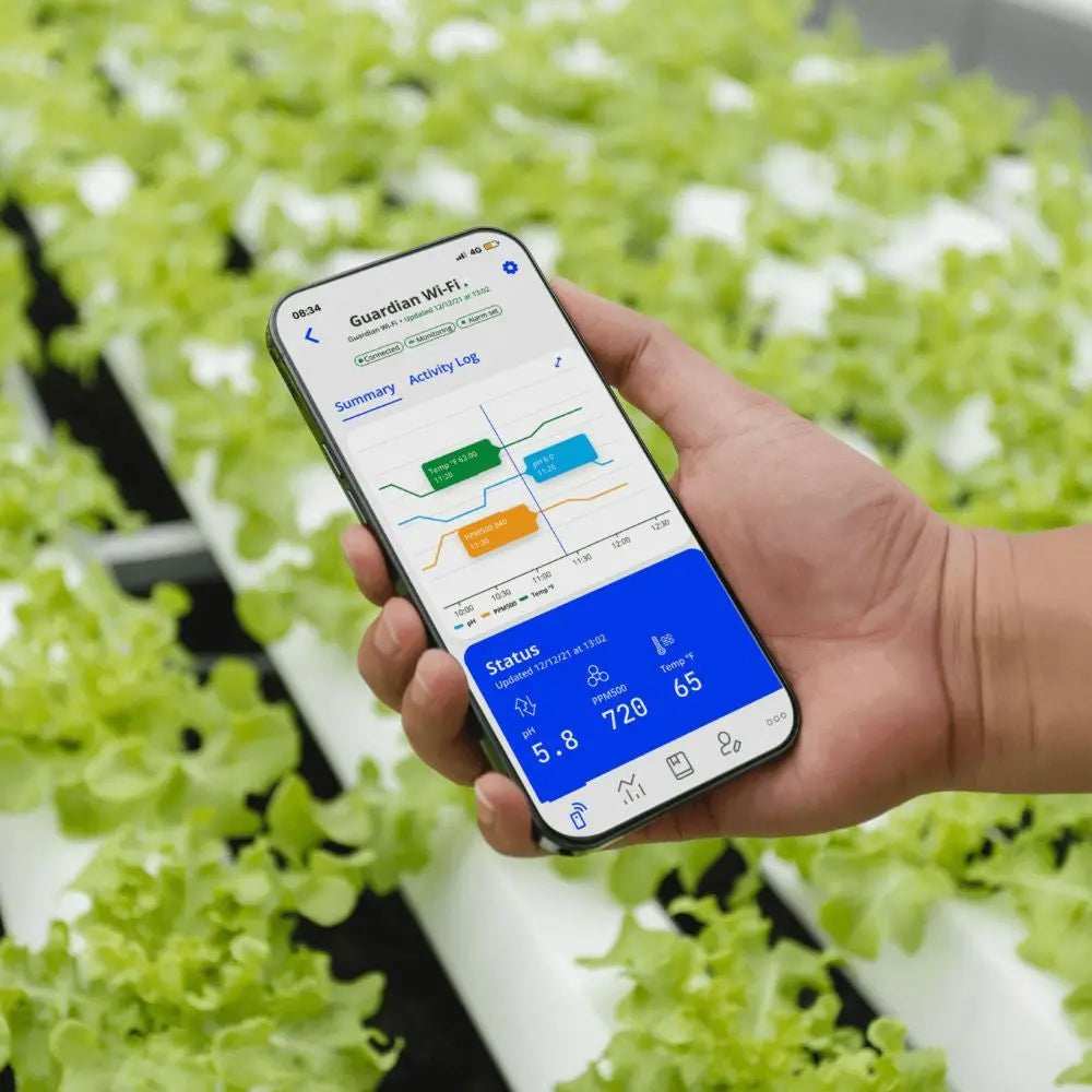 Bluelab Guardian Monitor Connect Wifi pH/EC/Temperatur, mit Sonden in die Rohrleitung Bluelab