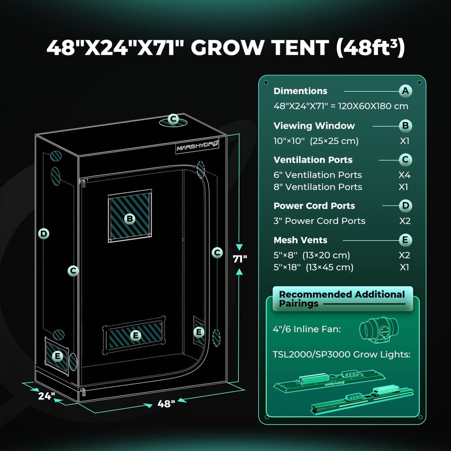 Mars Hydro TSL2000 Complete Grow Tent Kit | 300W LED Grow Light + 120x60x180cm Indoor Grow Tent + 4″ Ventilation System | Perfect Rectangular Lighting für 2-4 Pflanzen Growhub