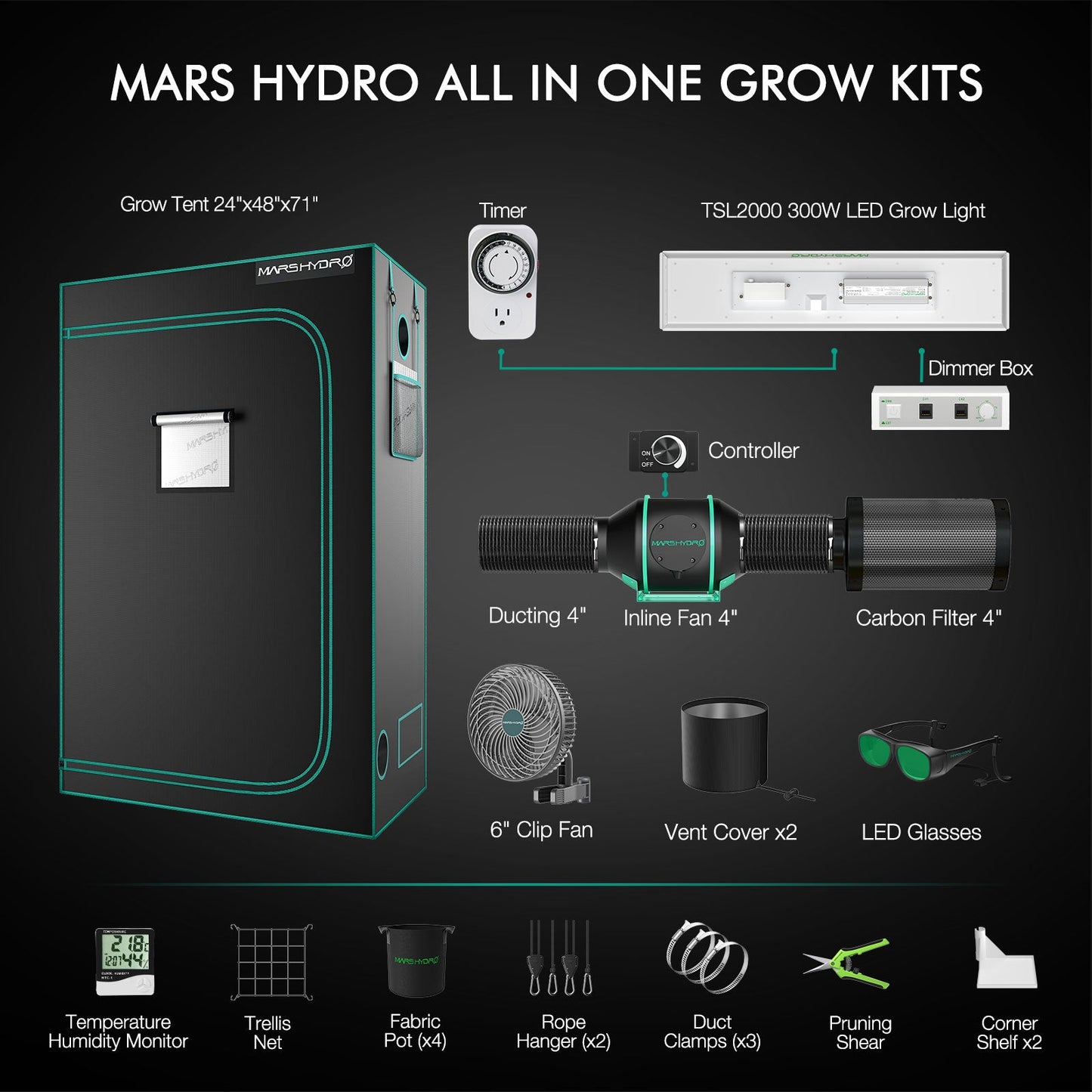 Mars Hydro TSL2000 Complete Grow Tent Kit | 300W LED Grow Light + 120x60x180cm Indoor Grow Tent + 4″ Ventilation System | Perfect Rectangular Lighting für 2-4 Pflanzen Growhub