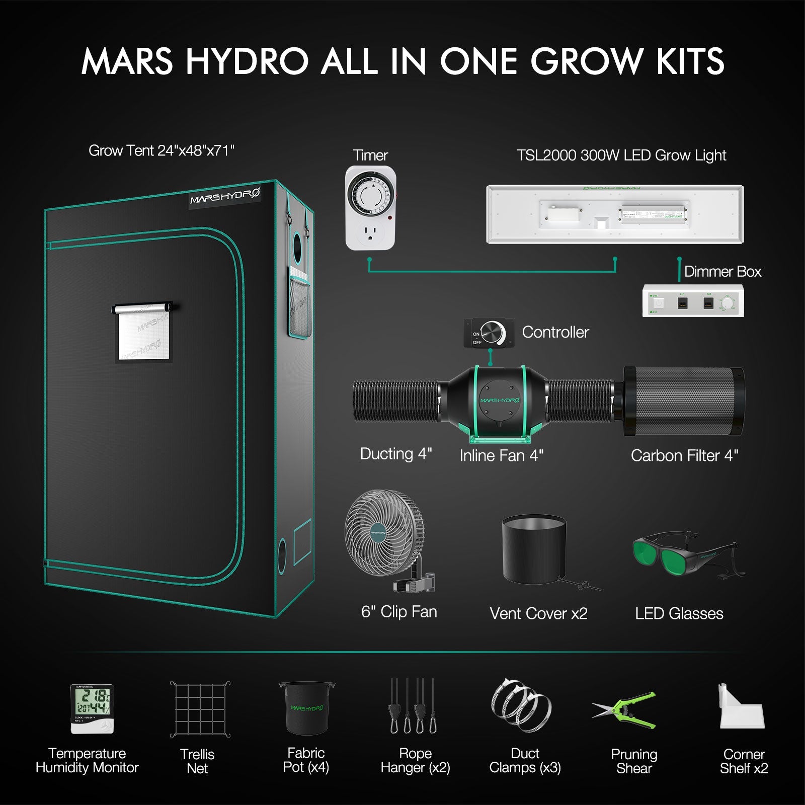 Mars Hydro TSL2000 Complete Grow Tent Kit | 300W LED Grow Light + 120x60x180cm Indoor Grow Tent + 4″ Ventilation System | Perfect Rectangular Lighting für 2-4 Pflanzen Growhub