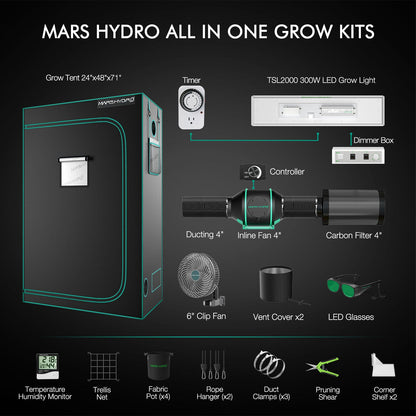 Mars Hydro TSL2000 Complete Grow Tent Kit | 300W LED Grow Light + 120x60x180cm Indoor Grow Tent + 4″ Ventilation System | Perfect Rectangular Lighting für 2-4 Pflanzen Growhub