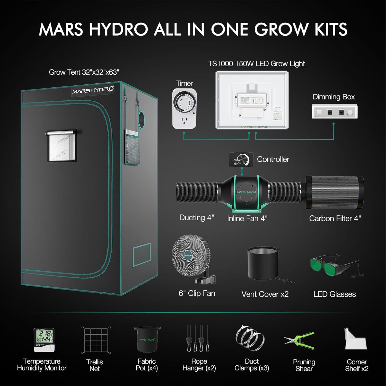 Mars Hydro TS 1000 Komplettes Grow-Zelt-Set Dimmbares 150W LED Grow-Licht+80x80x160cm Indoor-Zelt +4″ Belüftungssystem für 1-3 Pflanzen Growhub