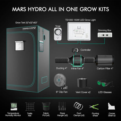 Mars Hydro TS 1000 Komplettes Grow-Zelt-Set Dimmbares 150W LED Grow-Licht+80x80x160cm Indoor-Zelt +4″ Belüftungssystem für 1-3 Pflanzen Growhub