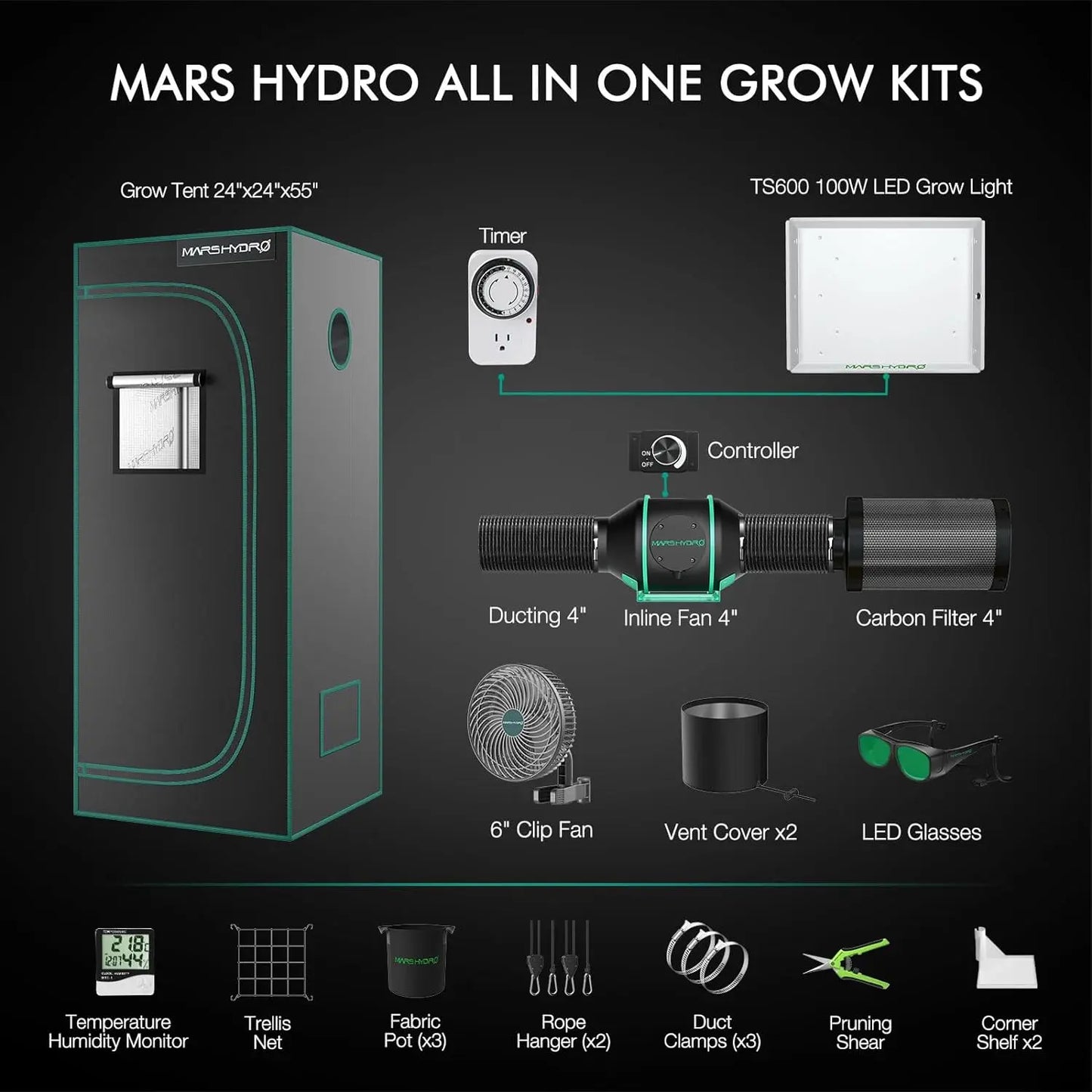 Mars Hydro TS 600 Complete Grow Tent Kit | 100W LED Grow Light + 60x60x140cm Indoor Grow Tent + 4″ Ventilation System | Ideal für Anfänger Grower Growhub