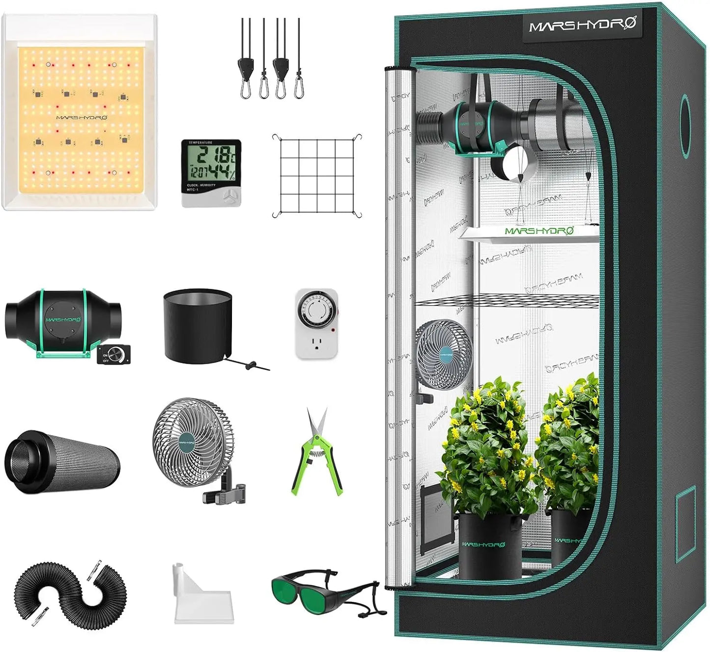 Mars Hydro TS 600 Complete Grow Tent Kit | 100W LED Grow Light + 60x60x140cm Indoor Grow Tent + 4″ Ventilation System | Ideal für Anfänger Grower Growhub