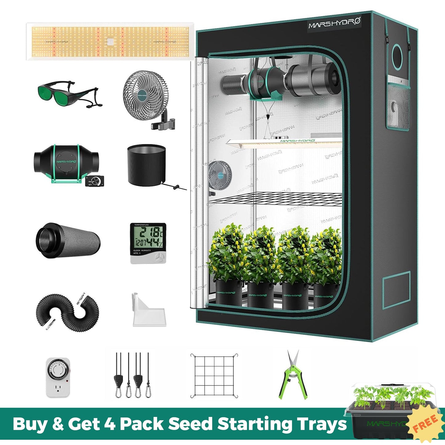 Mars Hydro TSL2000 Complete Grow Tent Kit | 300W LED Grow Light + 120x60x180cm Indoor Grow Tent + 4″ Ventilation System | Perfect Rectangular Lighting für 2-4 Pflanzen Growhub