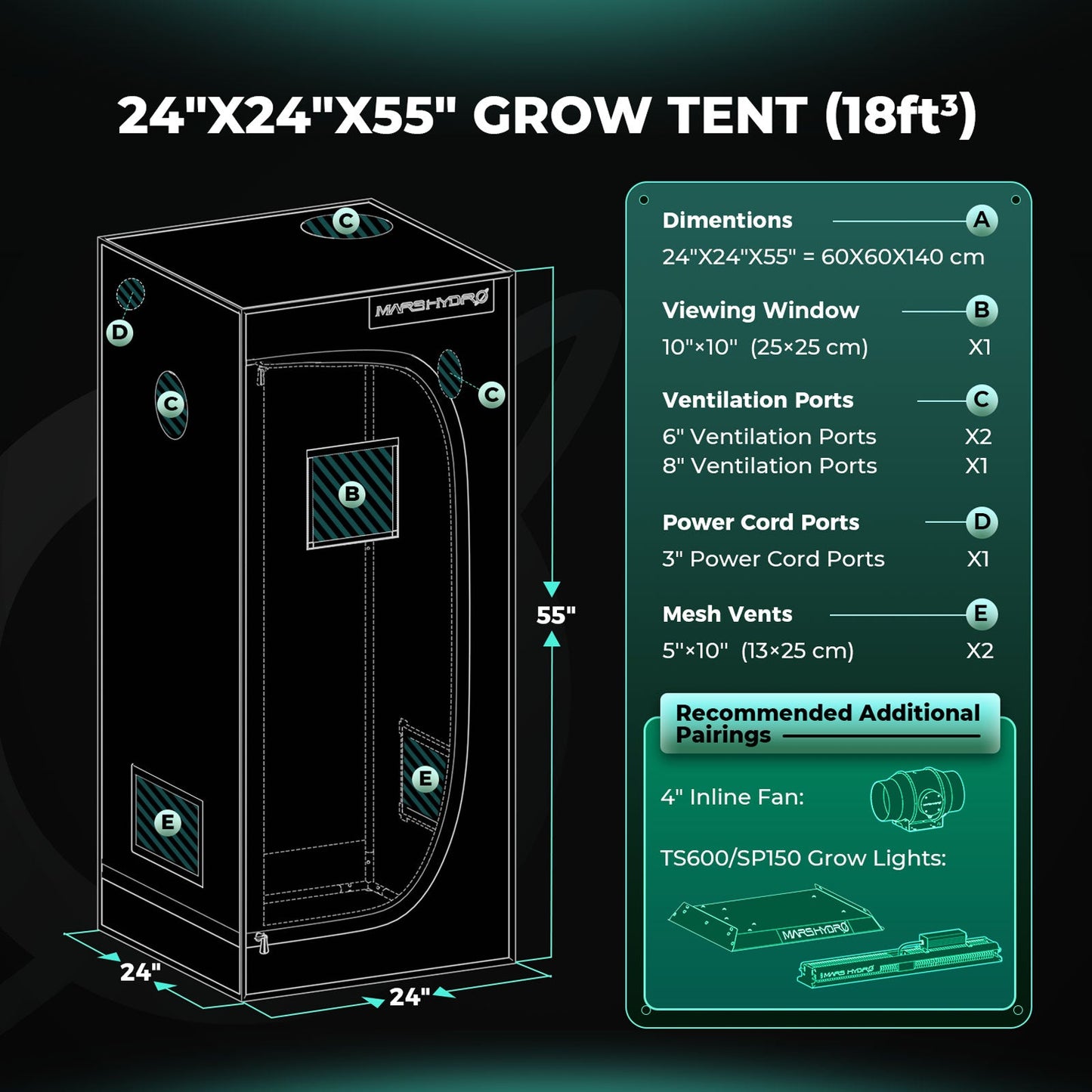 Mars Hydro TS 600 Complete Grow Tent Kit | 100W LED Grow Light + 60x60x140cm Indoor Grow Tent + 4″ Ventilation System | Ideal für Anfänger Grower Growhub