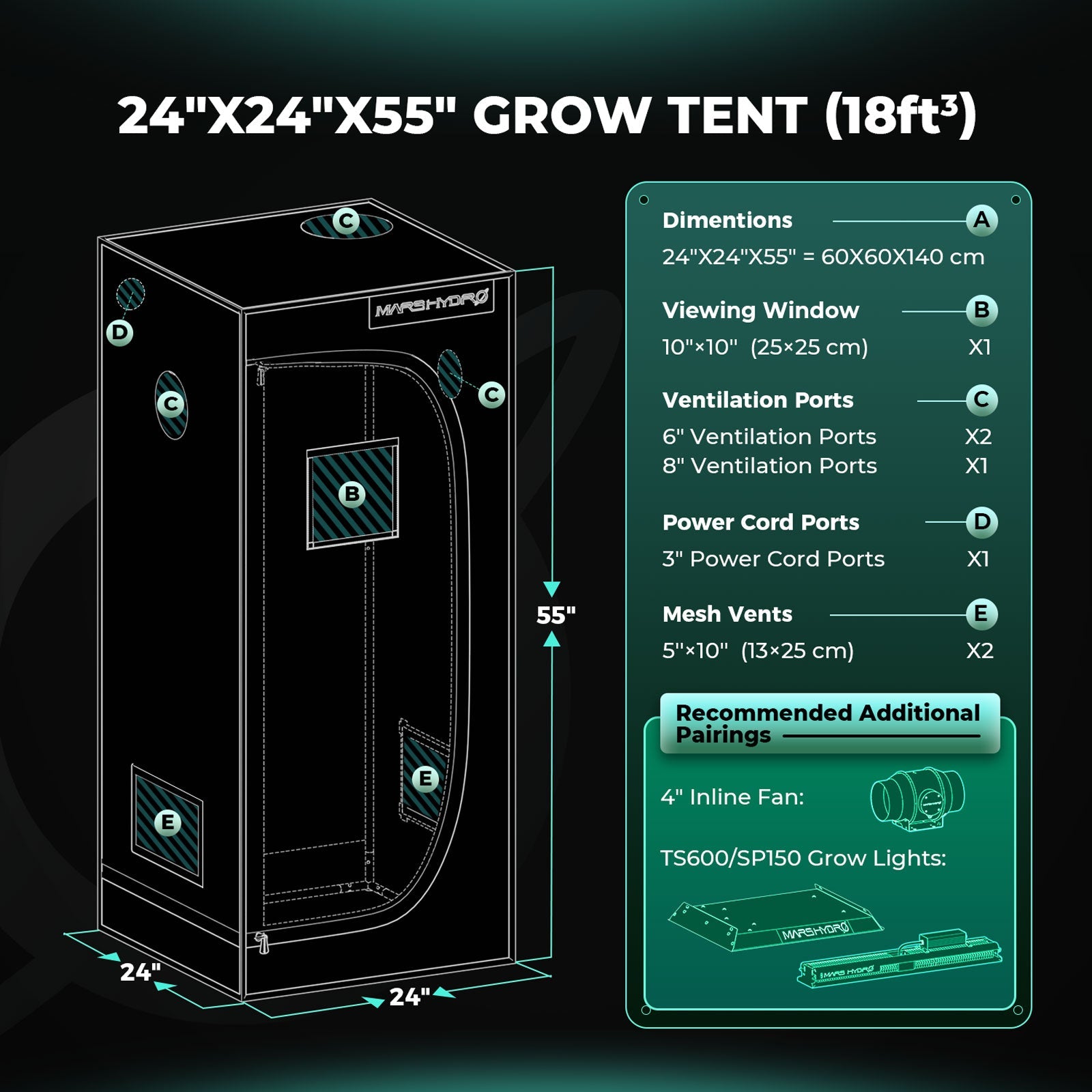 Mars Hydro TS 600 Complete Grow Tent Kit | 100W LED Grow Light + 60x60x140cm Indoor Grow Tent + 4″ Ventilation System | Ideal für Anfänger Grower Growhub